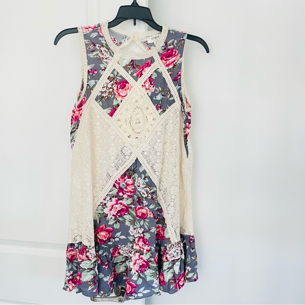 Umgee Patchwork Mini Dress Lace Floral Keyhole Back